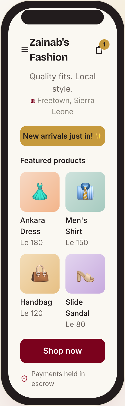 EzStaw storefront on a phone showing Zainab's Fashion with products, prices in Leones, and escrow-protected checkout