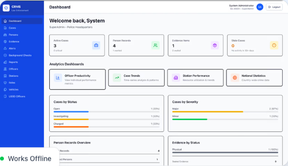 OpenJustice criminal records dashboard with case statistics and navigation