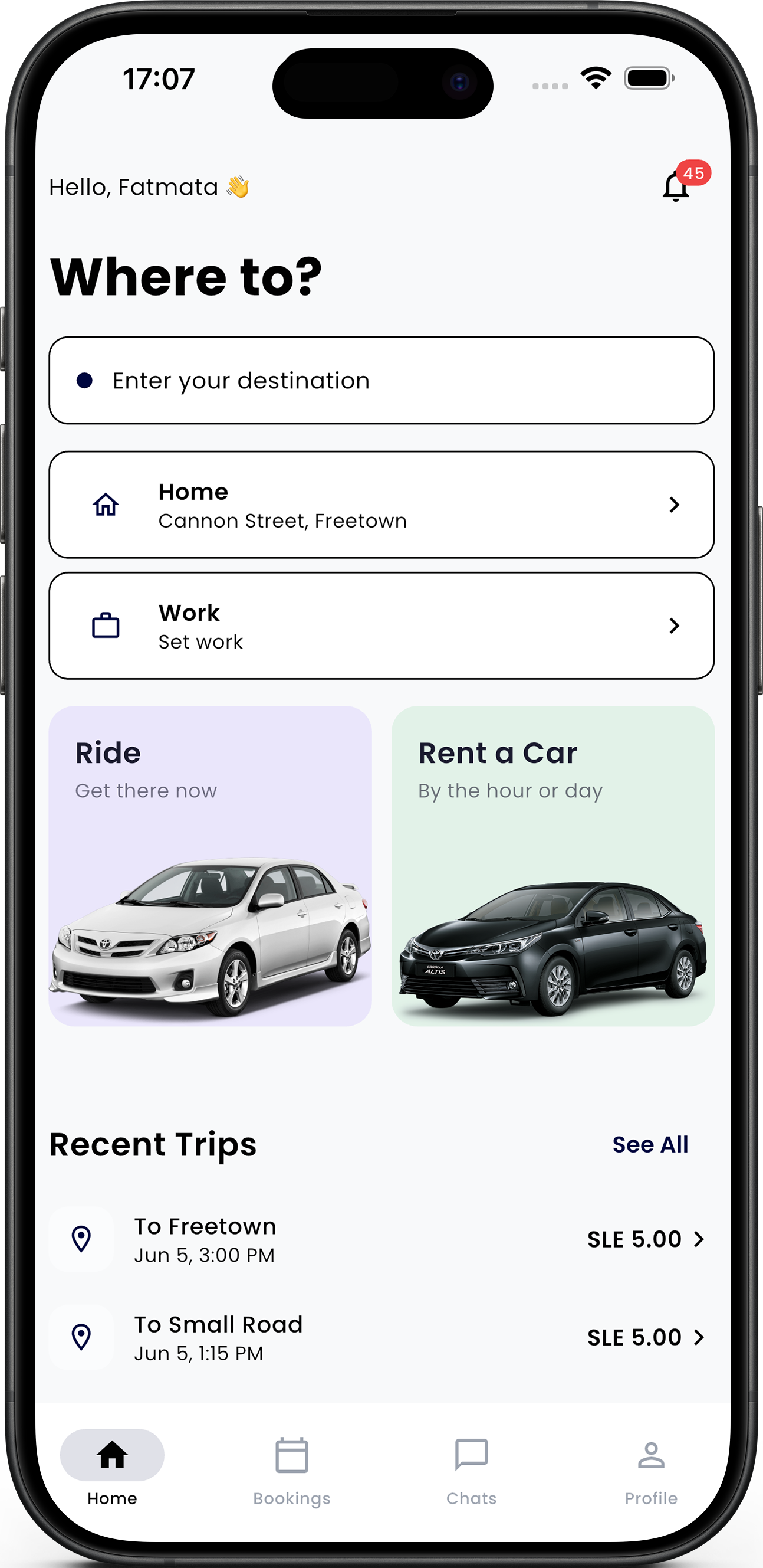 Marto rider app home screen showing ride and car-rental options in Freetown