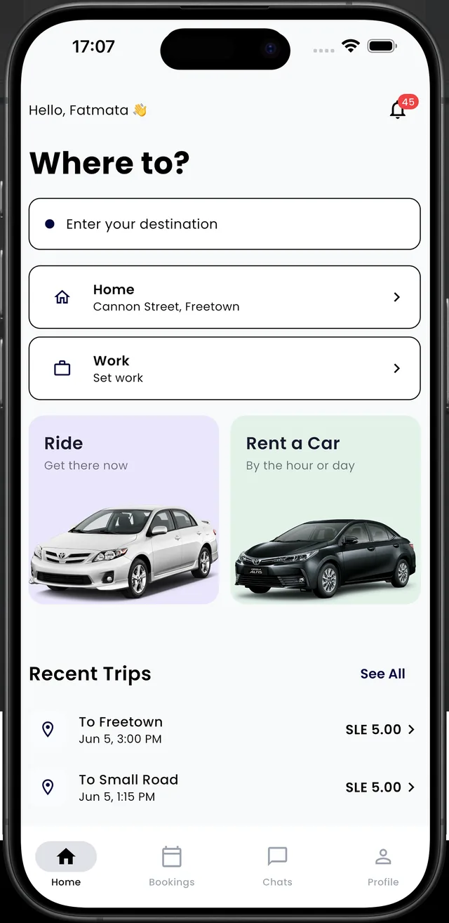 Marto rider app home screen showing ride and car-rental options in Freetown